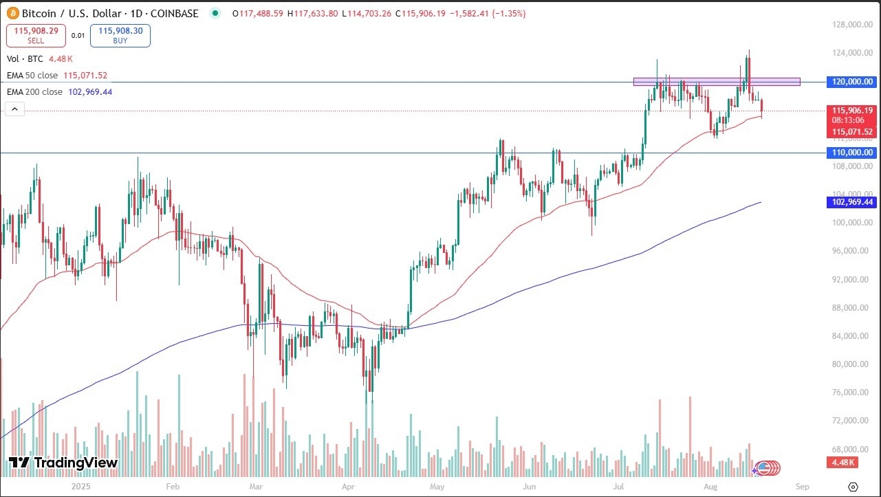 【XM Group】--BTC/USD Forecast: Dip Buying Emerges at $115K Support(图1)